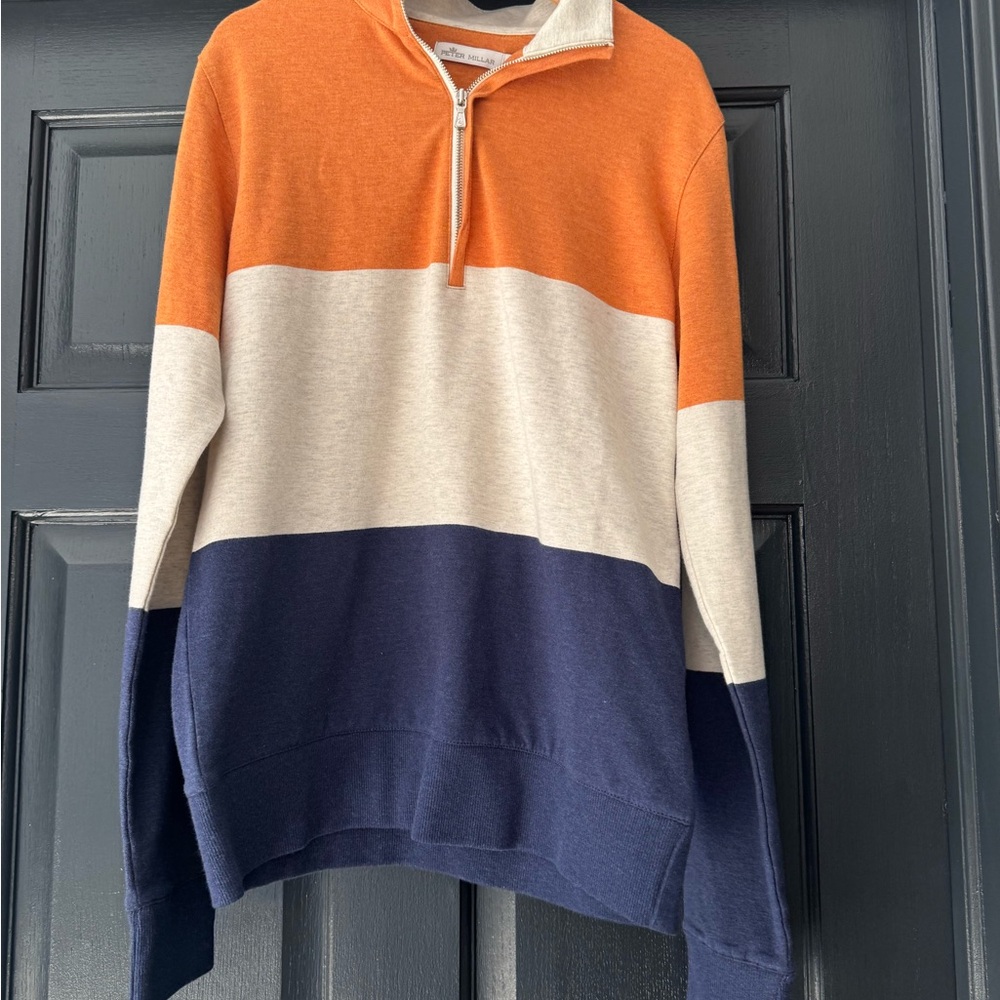 Peter Millar Tri-Color Zip-Up Sweater - Orange, Cream, Navy